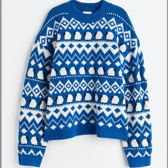 H&M blue and white cute sheep touch of wool jacquard knit sweater NWT - Picture 1 of 9